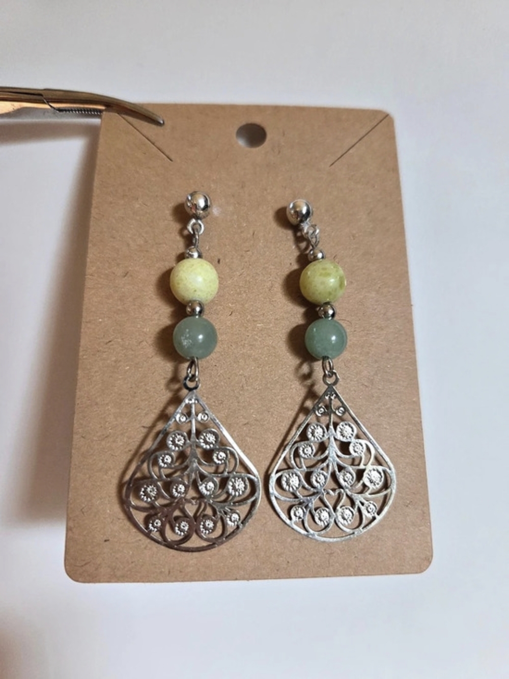 Handmade Green Beaded Filigree Drop Earrings